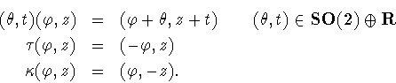 \begin{eqnarray*}(\theta,t) (\varphi,z) & = & (\varphi+\theta, z+t) \qquad (\the...
...,z) & = & (-\varphi,z) \\
\kappa(\varphi,z) & = & (\varphi,-z).
\end{eqnarray*}