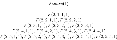 \begin{displaymath}\begin{array}{c} Figure(1) \\ \\ F(2,1,1,1) \\ F(2,2,1,1),F(2...
...1,1),F(2,5,2,1),F(2,5,3,1),F(2,5,4,1),F(2,5,5,1) \\ \end{array}\end{displaymath}