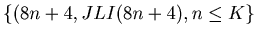 $\displaystyle \{ (8 n + 4, JLI (8 n + 4), n \leq K\}$