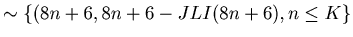 $\displaystyle \sim \{(8 n + 6, 8 n + 6 - JLI (8 n + 6), n \leq K\}$