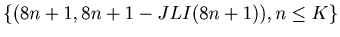 $\displaystyle \{ (8 n+1, 8 n+1 - JLI (8 n+1) ), n \leq K\}$