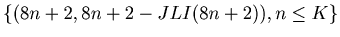 $\displaystyle \{ (8 n+2, 8 n+2 - JLI (8 n+2) ), n \leq K\}$