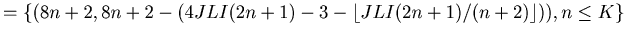 $\displaystyle = \{(8 n + 2, 8 n + 2 - ( 4JLI(2n+1)-3- \lfloor JLI(2n+1)/(n+2)\rfloor )), n \leq K\}$