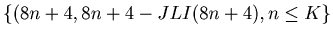 $\displaystyle \{(8 n + 4, 8 n + 4 - JLI (8 n + 4), n \leq K\}$