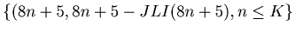 $\displaystyle \{(8 n + 5, 8 n + 5 - JLI (8 n + 5), n \leq K\}$