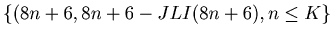 $\displaystyle \{(8 n + 6, 8 n + 6 - JLI (8 n + 6), n \leq K\}$