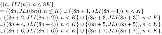 \begin{gather*}\begin{array}{l} \{(n, JLI (n)), n \leq 8K\} \\ = \{(8n, JLI(8n))...
...JLI(8n+6)), n < K\} \cup \{(8n+7, JLI(8n+7)), n < K \}, \end{array}\end{gather*}