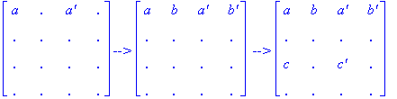 matrix([[a, `.`, `a'`, `.`], [`.`, `.`, `.`, `.`], [`.`, `.`, `.`, `.`], [`.`, `.`, `.`, `.`]])*`-->`*matrix([[a, b, `a'`, `b'`], [`.`, `.`, `.`, `.`], [`.`, `.`, `.`, `.`], [`.`, `.`, `.`, `.`]])*` --...