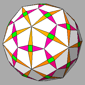 Polyhedral form with icosahedral symmetry
  resulting from the intersection of 4 catalan polyhedra (triacontahedron, triakis-icosahedron, deltoidal hexacontahedron, pentakis-dodecahedron), 
  dual of as many semiregular archimedean polyhedra