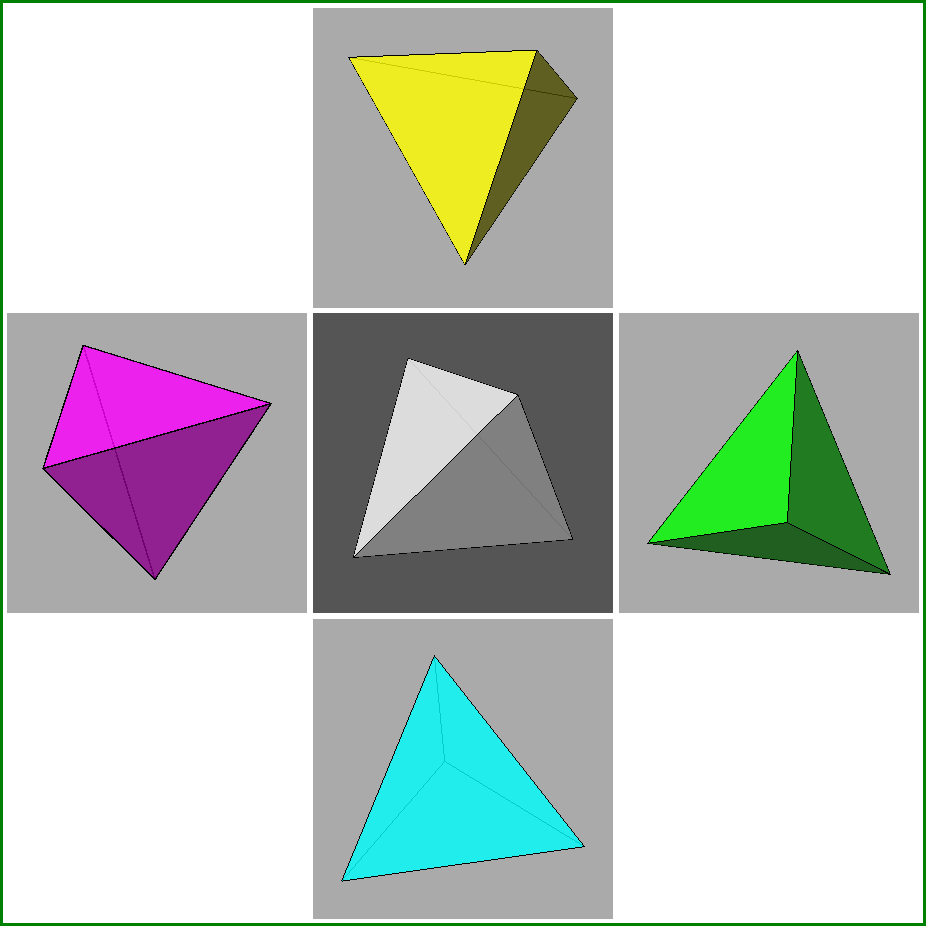 Four coloured tetrahedra, in their own orientation, obtained from the ...